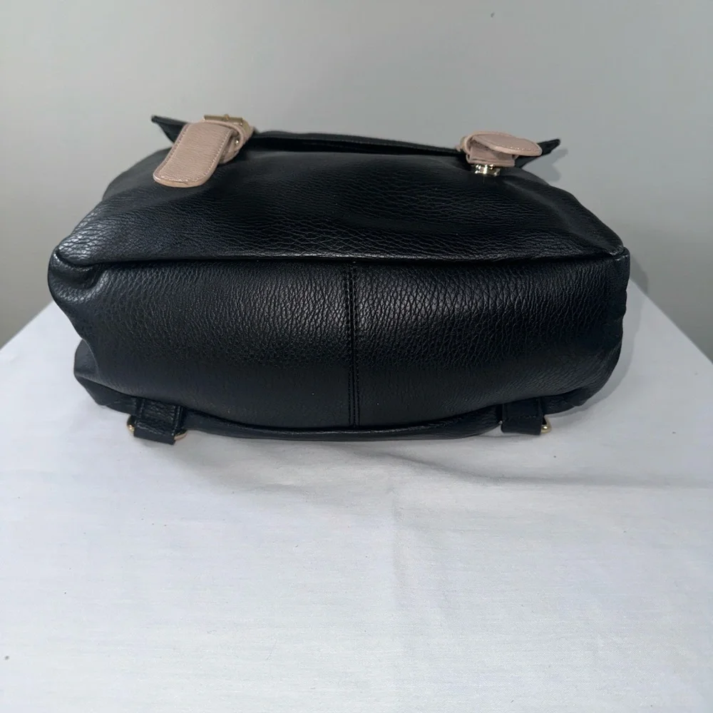 Madison West Faux Leather Convertible Backpack Tan and Black Gold Hardware